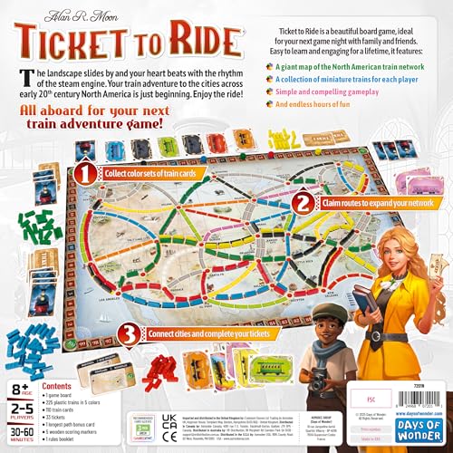 Asmodee Ticket to Ride Board Game (2025 Refresh) - A Cross-Country Train Adventure for Friends and Family, Strategy Game for Kids & Adults, Ages 8+, 2-5 Players, 30-60 Minute Playtime