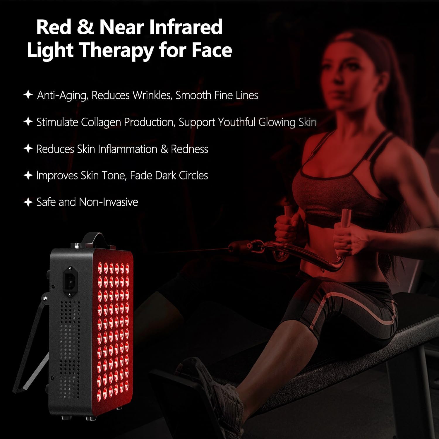 Red Light Therapy, Dual Chip Clinical Grade with 60 LEDs Device, High Power Near-Infrared Panels at 660nm/850nm, Timer Function for Body, Pain Relief, Face, Improve Sleep, Skin Health, (Black)