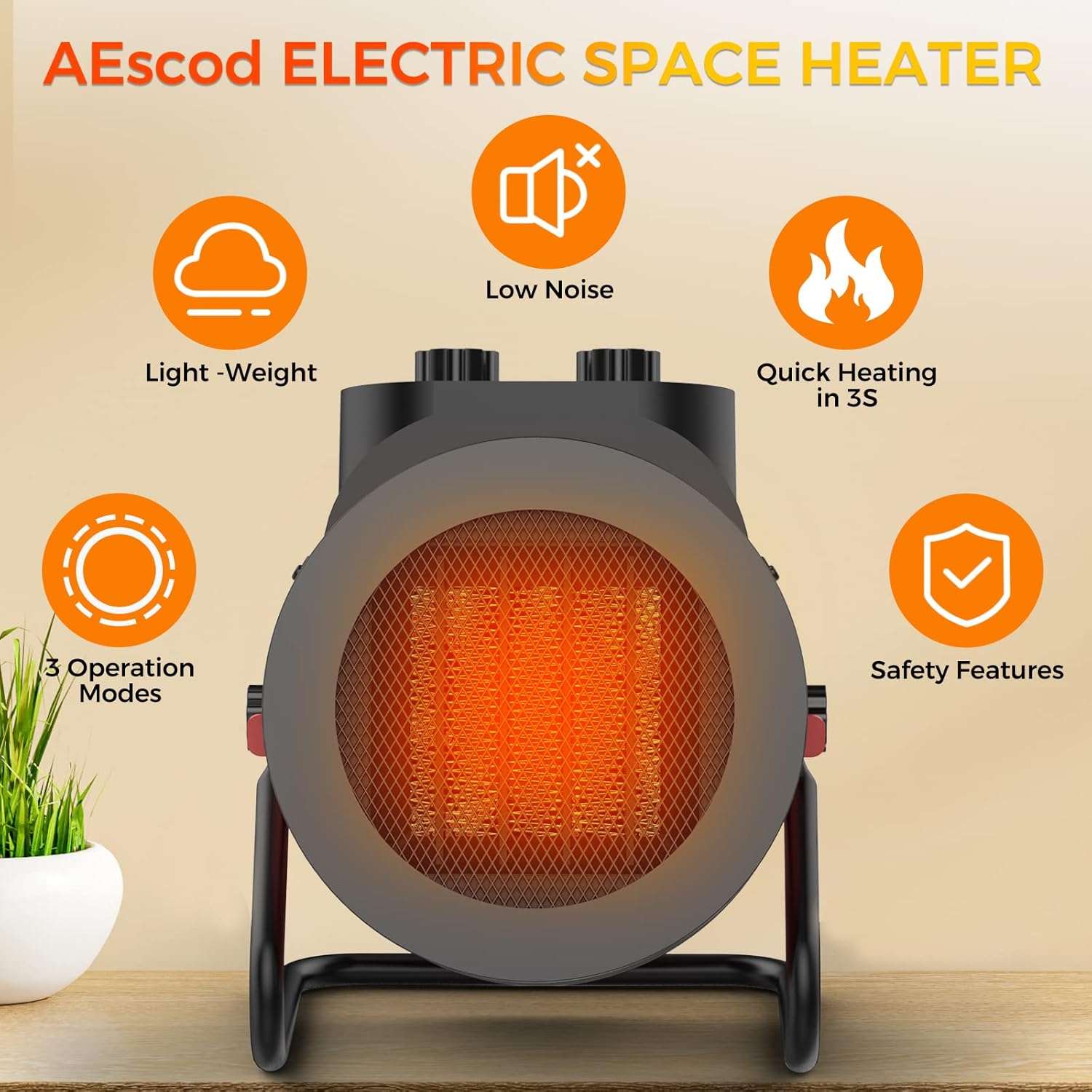 Space Heaters for Indoor Use, 1500W PTC Electric Heater with 90°Adjustable Angle, Fast Safety Heat, Small Portable Heater for Office Home (Red)