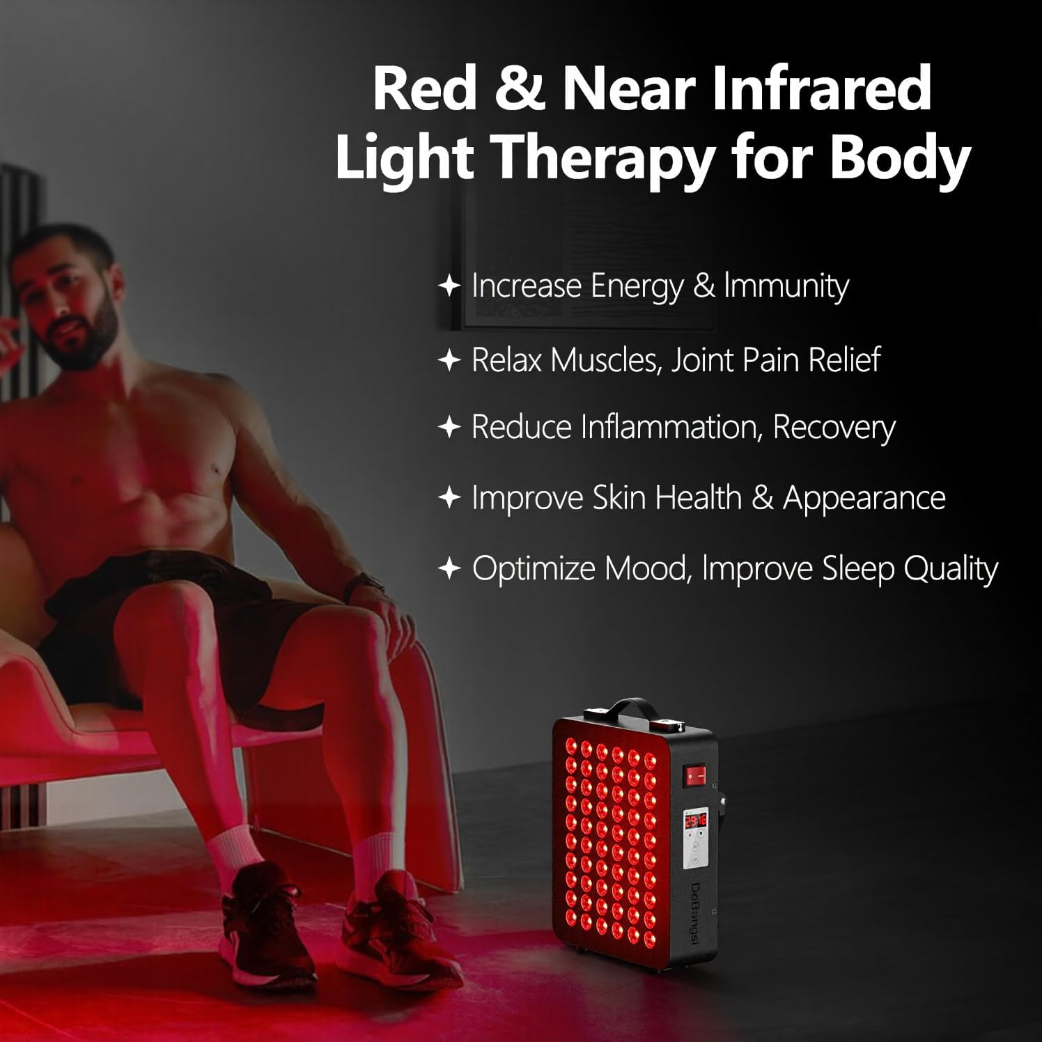Red Light Therapy, Dual Chip Clinical Grade with 60 LEDs Device, High Power Near-Infrared Panels at 660nm/850nm, Timer Function for Body, Pain Relief, Face, Improve Sleep, Skin Health, (Black)
