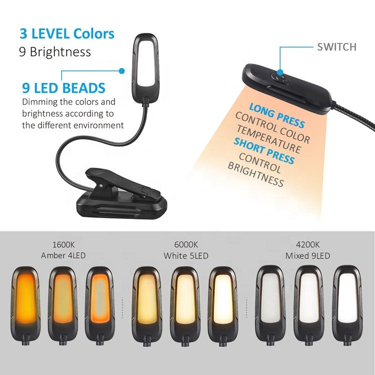 Rechargeable Book Light, 360° Flexible Clip on Light up to 60 Hours Reading in Bed, Eye Protection, 9 LED Reading Light with 9 Modes, 9 Brightness, 3 Level Color Temperature